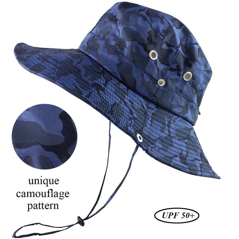 CAMOLAND Camouflage Outdoor Fishing Boonie Hat with Wide Brim UV Protection Summer Safari Sling Bucket Cap UPF 50+ (Blue) - Image 2